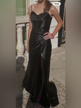 Black Satin Prom Dress with Front Slit with long train